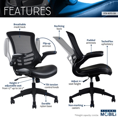 Techni Mobili Ergonomic Office Mesh Desk Chair RTA-3245C - Thumbnail 2