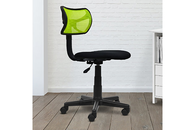 This Techni Mobili Mesh Chair is fun, lightweight and perfect for students! Its breathable mesh back support keeps you cool during long studying hours and its seat can be height adjustable to best suit your needs.Breathable mesh back support | Contoured fabric seat cushion | Pneumatic seat height adjustment | Heavy duty plastic shell back construction and non-marking nylon wheels | Adjustable Height: 28-33" | 1 Year Limited Warranty | Ships in 1 box