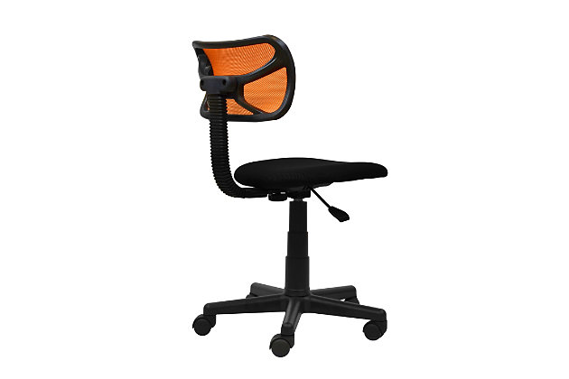 This Techni Mobili Mesh Chair is fun, lightweight and perfect for students! Its breathable mesh back support keeps you cool during long studying hours and its seat can be height adjustable to best suit your needs.Breathable mesh back support | Contoured fabric seat cushion | Pneumatic seat height adjustment | Heavy duty plastic shell back construction and non-marking nylon wheels. | Adjustable Height: 28-33" | 1 Year Limited Warranty | Ships in 1 box