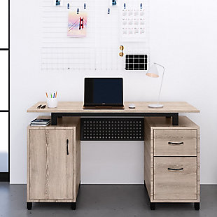 Define your home office space with this stylish computer desk to power through your daily projects. This functional desk is crafted from engineered wood with a laminate grey finish surface, it showcases a clean-lined silhouette and neutral touch.  It includes a large bottom drawer that fits letter size files providing plenty of space for essential office supplies, one large top drawer and a side storage compartment. It comes with 5-year limited warranty.Made with engineered wood and MDF panels | Finish Color: Grey | Two  drawers and a  side storage  compartment | Moisture-resistant PVC laminate veneer surface | Ships in 2 boxes | Weight Limit :88LBS