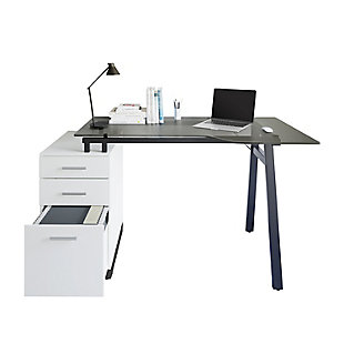 Techni Mobili Home Office Computer desk brings the perfect combination of ample storage options, excellent functional features, and sophisticated style all-in-one in this sleek desk. Perfect for your study or your home office. This desk brings contemporary design with a clean-lined frame crafted from a black powder-coated steel frame. The rectangular tabletop surface is crafted from black smoke tempered glass. The side storage cabinet is, made from MDF. It includes two storage drawers and a file cabinet provide sufficient space to store your essential files and accessories while you continue working on your projects. Made with MDF | Finish Color: Two-tone white with black accents  | Tabletop Surface: Black Tempered Glass | One side drawer cabinet which provides extra space for keeping legal and letter-sized papers  | Equipped with two storage drawers that offer additional space  | Heavy Duty metal frame | 5-year limited warranty