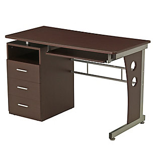 This Techni Mobili Computer Desk in Chocolate Color, has a simple yet elegant design featuring a spacious elevated desktop with three utility drawers and a slide-out keyboard shelf equipped with a safety stop. It also features a scanner shelf that can be utilized for additional storage. This desk will complement any room, even within the tightest areas.Heavy-duty MDF panels with a moisture resistant PVC laminate veneer in chocolate finish | Scratch resistant powder-coated steel legs | Open back accessory shelf, 3 storage drawers and pull out keyboard shelf with safety stop | 5 Year Limited Warranty | Ships in 2 boxes