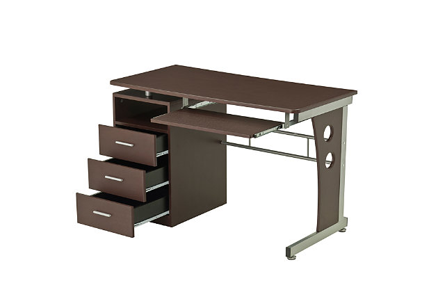 This Techni Mobili Computer Desk in Chocolate Color, has a simple yet elegant design featuring a spacious elevated desktop with three utility drawers and a slide-out keyboard shelf equipped with a safety stop. It also features a scanner shelf that can be utilized for additional storage. This desk will complement any room, even within the tightest areas.Heavy-duty MDF panels with a moisture resistant PVC laminate veneer in chocolate finish | Scratch resistant powder-coated steel legs | Open back accessory shelf, 3 storage drawers and pull out keyboard shelf with safety stop | 5 Year Limited Warranty | Ships in 2 boxes