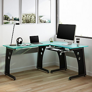 Techni Mobili Deluxe L-Shaped Tempered Frosted Glass Top Computer Desk, , rollover
