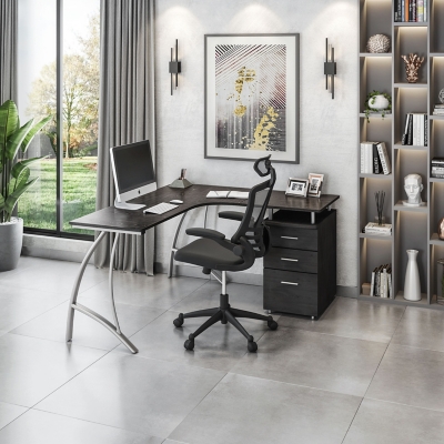 Techni Mobili Modern L- Shaped Computer Desk with File Cabinet, , rollover