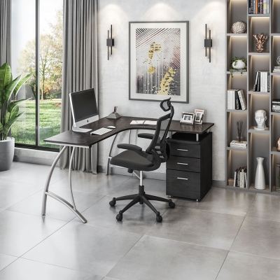 L-Shaped Desk with File, Cabinet, and Overhead Storage