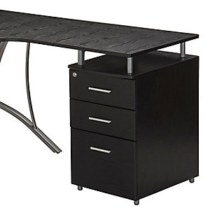 This modern Techni Mobili L-Shaped Computer Desk features a spacious desktop in a cool curved boomerang shape, it has a built-in locking storage cabinet and a hanging file cabinet for providing optimal storage.Heavy-duty MDF wood panels with a moisture resistant PVC laminate veneer | Space saving L-shape design with curved boomerang shape and interchangeable desks left or right | Curved powder-coated steel scratch resistant legs | Built-in locking storage cabinet and two accessory drawers | 5 Year Limited Warranty | Ships in 2 boxes