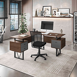 Contemporary design meets industrial style in this curated Techni Mobili Reversible L-shape computer desk. This versatile home office L-shape workstation is crafted with engineered wood with a surface made of PVC laminate.  We offer it in a two-tone walnut finish with grey accents matching to the front grey panels, adding a classic frame with a V-design to a warm and weathered look. It is equipped with a side file drawer cabinet which provides extra space for keeping legal and letter-sized papers, while on the opposite side two other drawers offer additional storage space. This desk is floating atop on a heavy-duty steel metal frame.  This multi-functional desk can be assembled in two ways; desktop panels are interchangeable and can be installed on the left or right side. In the same way, the drawers and the file cabinet are interchangeable and can be installed on either side as per your choice adding the personal touch. It comes with a 5-Yr limited warranty.Made with engineered wood and a heavy-duty steel frame | Finish Color: two-tone Walnut with grey accents | Two storage drawers and one hanging file cabinet plus one hanging file cabinet | Moisture-resistant PVC laminate surface | Desktop, storage drawers and file cabinet can be assembled left or right side | Ships in 2 boxes | Ready to assemble | 5 year limited warranty