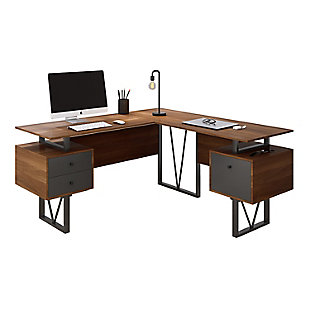 Contemporary design meets industrial style in this curated Techni Mobili Reversible L-shape computer desk. This versatile home office L-shape workstation is crafted with engineered wood with a surface made of PVC laminate.  We offer it in a two-tone walnut finish with grey accents matching to the front grey panels, adding a classic frame with a V-design to a warm and weathered look. It is equipped with a side file drawer cabinet which provides extra space for keeping legal and letter-sized papers, while on the opposite side two other drawers offer additional storage space. This desk is floating atop on a heavy-duty steel metal frame.  This multi-functional desk can be assembled in two ways; desktop panels are interchangeable and can be installed on the left or right side. In the same way, the drawers and the file cabinet are interchangeable and can be installed on either side as per your choice adding the personal touch. It comes with a 5-Yr limited warranty.Made with engineered wood and a heavy-duty steel frame | Finish Color: two-tone Walnut with grey accents | Two storage drawers and one hanging file cabinet plus one hanging file cabinet | Moisture-resistant PVC laminate surface | Desktop, storage drawers and file cabinet can be assembled left or right side | Ships in 2 boxes | Ready to assemble | 5 year limited warranty
