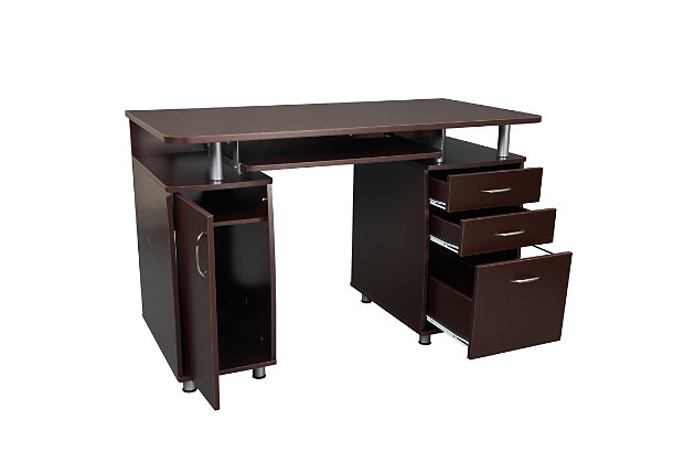 This Techni Mobili Workstation Computer Desk in Chocolate Color, offers an ample work surface and plenty of storage space including a cabinet designed for a CPU/storage with large back opening for cables and a removable shelf that can be placed  up, down or completely removed. It also features accessory shelves, 2 drawers and 1 file cabinet. Perfect for optimal organization.Two storage drawers and one hanging file cabinet  | Side CPU/storage cabinet with a removable shelf that can placed up, down or removed | CPU/storage cabinet has a large back opening for CPU heat release and cord management |  Large slide-out keyboard shelf is equipped with a safety stop | 5 Year Limited Warranty | Ships in 2 boxes