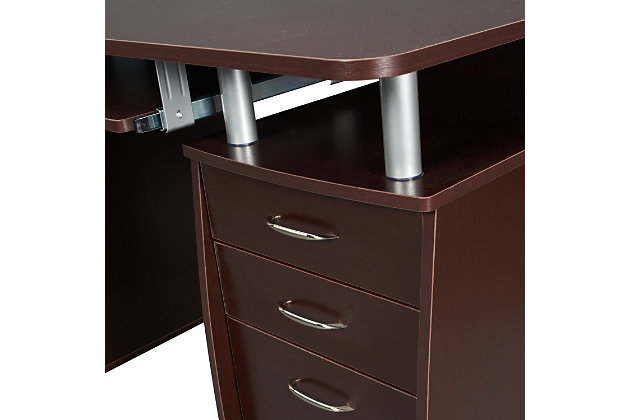 This Techni Mobili Workstation Computer Desk in Chocolate Color, offers an ample work surface and plenty of storage space including a cabinet designed for a CPU/storage with large back opening for cables and a removable shelf that can be placed  up, down or completely removed. It also features accessory shelves, 2 drawers and 1 file cabinet. Perfect for optimal organization.Two storage drawers and one hanging file cabinet | Side CPU/storage cabinet with a removable shelf that can placed up, down or removed | CPU/storage cabinet has a large back opening for CPU heat release and cord management | Large slide-out keyboard shelf is equipped with a safety stop | 5 Year Limited Warranty | Ships in 2 boxes