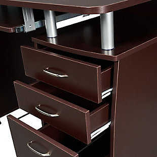 This Techni Mobili Workstation Computer Desk in Chocolate Color, offers an ample work surface and plenty of storage space including a cabinet designed for a CPU/storage with large back opening for cables and a removable shelf that can be placed  up, down or completely removed. It also features accessory shelves, 2 drawers and 1 file cabinet. Perfect for optimal organization.Two storage drawers and one hanging file cabinet | Side CPU/storage cabinet with a removable shelf that can placed up, down or removed | CPU/storage cabinet has a large back opening for CPU heat release and cord management | Large slide-out keyboard shelf is equipped with a safety stop | 5 Year Limited Warranty | Ships in 2 boxes
