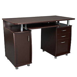 This Techni Mobili Workstation Computer Desk in Chocolate Color, offers an ample work surface and plenty of storage space including a cabinet designed for a CPU/storage with back opening for cables and a removable shelf that can be placed up, down or completely removed. It also features accessory shelves, 2 drawers and 1 file cabinet. Perfect for optimal organization.Two storage drawers and one hanging file cabinet | Side CPU/storage cabinet with a removable shelf that can placed up, down or removed | CPU/storage cabinet has a back opening for CPU heat release and cord management |  slide-out keyboard shelf is equipped with a safety stop | 5 Year Limited Warranty | Ships in 2 boxes