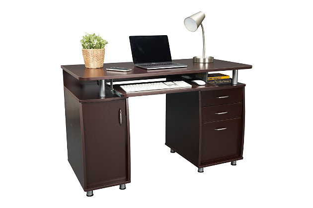 This Techni Mobili Workstation Computer Desk in Chocolate Color, offers an ample work surface and plenty of storage space including a cabinet designed for a CPU/storage with large back opening for cables and a removable shelf that can be placed  up, down or completely removed. It also features accessory shelves, 2 drawers and 1 file cabinet. Perfect for optimal organization.Two storage drawers and one hanging file cabinet  | Side CPU/storage cabinet with a removable shelf that can placed up, down or removed | CPU/storage cabinet has a large back opening for CPU heat release and cord management |  Large slide-out keyboard shelf is equipped with a safety stop | 5 Year Limited Warranty | Ships in 2 boxes