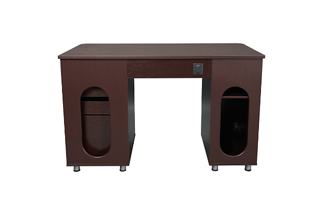 This Techni Mobili Workstation Computer Desk in Chocolate Color, offers an ample work surface and plenty of storage space including a cabinet designed for a CPU/storage with back opening for cables and a removable shelf that can be placed up, down or completely removed. It also features accessory shelves, 2 drawers and 1 file cabinet. Perfect for optimal organization.Two storage drawers and one hanging file cabinet | Side CPU/storage cabinet with a removable shelf that can placed up, down or removed | CPU/storage cabinet has a back opening for CPU heat release and cord management |  slide-out keyboard shelf is equipped with a safety stop | 5 Year Limited Warranty | Ships in 2 boxes
