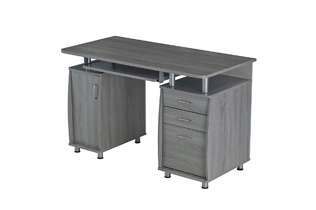 This Techni Mobili Workstation Computer Desk in Gray Color, offers an ample work surface and plenty of storage space including a cabinet designed for a CPU/storage with large back opening for cables and a removable shelf that can be placed  up, down or completely removed. It also features accessory shelves, 2 drawers and 1 file cabinet. Perfect for optimal organization.Two storage drawers and one hanging file cabinet | Side CPU/storage cabinet with a removable shelf that can placed up, down or removed | CPU/storage cabinet has a large back opening for CPU heat release and cord management | Large slide-out keyboard shelf is equipped with a safety stop | 5 Year Limited Warranty | Ships in 2 boxes