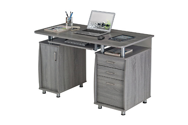 This Techni Mobili Workstation Computer Desk in Gray Color, offers an ample work surface and plenty of storage space including a cabinet designed for a CPU/storage with large back opening for cables and a removable shelf that can be placed  up, down or completely removed. It also features accessory shelves, 2 drawers and 1 file cabinet. Perfect for optimal organization.Two storage drawers and one hanging file cabinet | Side CPU/storage cabinet with a removable shelf that can placed up, down or removed | CPU/storage cabinet has a large back opening for CPU heat release and cord management | Large slide-out keyboard shelf is equipped with a safety stop | 5 Year Limited Warranty | Ships in 2 boxes