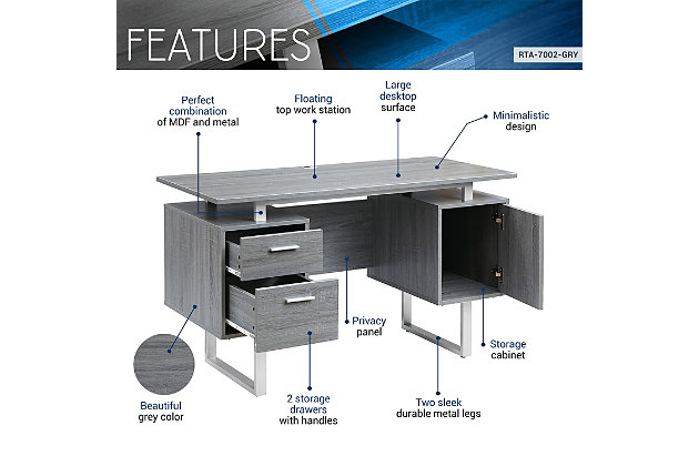 Techni Mobili Cubism is sleek and contemporary, this desk is the perfect combination of function, durability and design in a modern form. Featuring two storage drawers and a file cabinet to help keep you organized with a large desktop surface to provide plenty of room for all your hardware and working needs. Color: WhiteLarge floating top work surface, paired with two sleek silver track metal legs | 2 drawers and 1 cabinet with silver colored handles | Ready to assemble construction, hardware included | Dimension: Desk 23.25"L  x 51.25" W x 29.75"H, some assembly needed | 5 Year Limited Warranty | Ships in 2 boxes