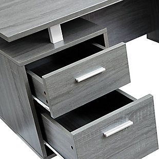 Techni Mobili Cubism is sleek and contemporary, this desk is the perfect combination of function, durability and design in a modern form. Featuring two storage drawers and a file cabinet to help keep you organized with a large desktop surface to provide plenty of room for all your hardware and working needs. Color: WhiteLarge floating top work surface, paired with two sleek silver track metal legs | 2 drawers and 1 cabinet with silver colored handles | Ready to assemble construction, hardware included | Dimension: Desk 23.25"L  x 51.25" W x 29.75"H, some assembly needed | 5 Year Limited Warranty | Ships in 2 boxes
