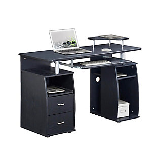 This Techni Mobili Computer Desk in Espresso color, is a complete workstation where it incorporates abundant shelving into a compact, sturdy, stylish design and provides plenty of storage including 2 drawers for accessories optimizing work organization.2 storage drawers and pull out keyboard tray with safety stop | CPU/storage compartment and slide-out accessory shelf with rear cable openings | Elevated accessory shelf | 5 Year Limited Warranty | Ships in 2 boxes