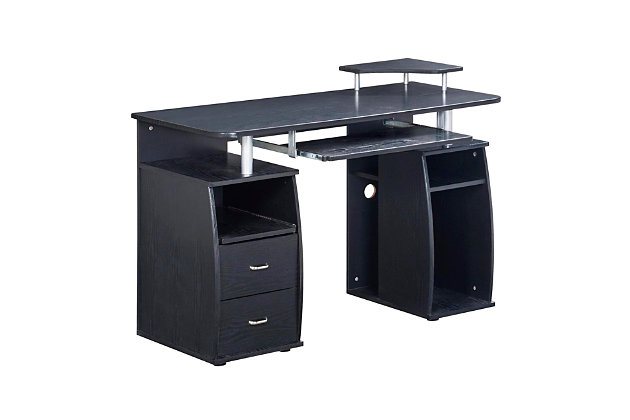 This Techni Mobili Computer Desk in Espresso color, is a complete workstation where it incorporates abundant shelving into a compact, sturdy, stylish design and provides plenty of storage including 2 drawers for accessories optimizing work organization.2 storage drawers and pull out keyboard tray with safety stop | CPU/storage compartment and slide-out accessory shelf with rear cable openings | Elevated accessory shelf | 5 Year Limited Warranty | Ships in 2 boxes