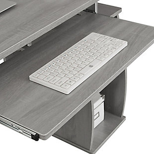 This Techni Mobili Computer Desk in Gray color, is a complete workstation where it incorporates abundant shelving into a compact, sturdy, stylish design and provides plenty of storage including 2 drawers for accessories optimizing work organization.2 storage drawers and pull out keyboard tray with safety stop | CPU/storage compartment and slide-out accessory shelf with rear cable openings | Elevated accessory shelf | 5 Year Limited Warranty | Ships in 2 boxes