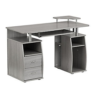 This Techni Mobili Computer Desk in Gray color, is a complete workstation where it incorporates abundant shelving into a compact, sturdy, stylish design and provides plenty of storage including 2 drawers for accessories optimizing work organization.2 storage drawers and pull out keyboard tray with safety stop | CPU/storage compartment and slide-out accessory shelf with rear cable openings | Elevated accessory shelf | 5 Year Limited Warranty | Ships in 2 boxes