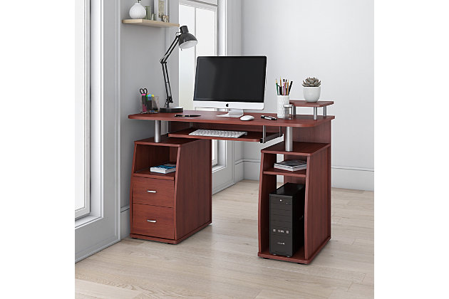 This Techni Mobili Computer Desk in Mahogany color, is a complete workstation where it incorporates abundant shelving into a compact, sturdy, stylish design and provides plenty of storage for accessories optimizing work organization.2 storage drawers and pull out keyboard tray with safety stop | CPU/storage compartment and slide-out accessory shelf with rear cable openings | Elevated accessory shelf | 5 Year Limited Warranty | Ships in 2 boxes
