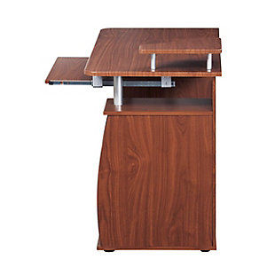 This Techni Mobili Computer Desk in Mahogany color, is a complete workstation where it incorporates abundant shelving into a compact, sturdy, stylish design and provides plenty of storage for accessories optimizing work organization.2 storage drawers and pull out keyboard tray with safety stop | CPU/storage compartment and slide-out accessory shelf with rear cable openings | Elevated accessory shelf | 5 Year Limited Warranty | Ships in 2 boxes