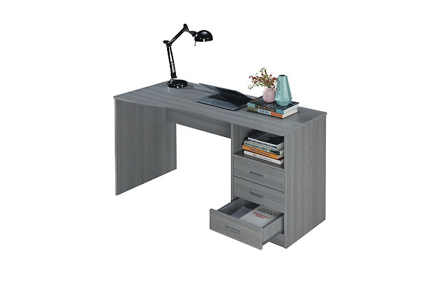 This Techni Mobili Classy Desk in Grey color, has a modern contoured desktop shape that can be used as a drafting table, workstation or writing desk. It features an under table side shelf and three storage drawers that provides optimal organization.3 drawers provide optimal storage | Under table side shelf | Can be used as a drafting table or large computer workstation | 5 Year Limited Warranty | Ships in 2 boxes