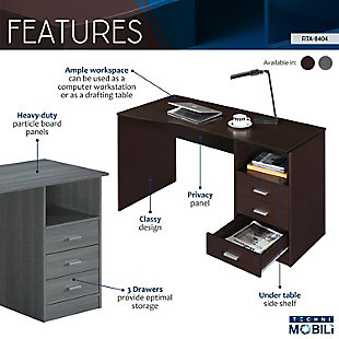 This Techni Mobili Classy Desk in Grey color, has a modern contoured desktop shape that can be used as a drafting table, workstation or writing desk. It features an under table side shelf and three storage drawers that provides optimal organization.3 drawers provide optimal storage | Under table side shelf | Can be used as a drafting table or large computer workstation | 5 Year Limited Warranty | Ships in 2 boxes