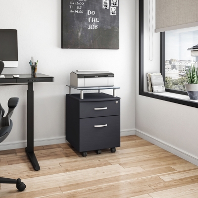 Glass desk deals with file cabinet