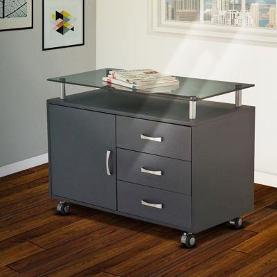 Techni Mobili Rolling Storage Cabinet with Frosted Glass Top, , rollover