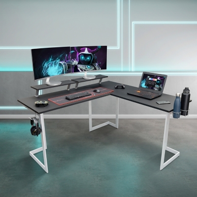 Techni Sport Warrior L-Shaped Gaming Desk, White, rollover