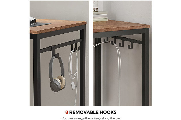 Clear lines, robust materials and no frills - bring an industrial look to your home office with this desk, with a warm walnut brown surface that takes the coolness out of the steel frame.Made with wood and metal | 8 hooks | Generous table surface | Load capacity is 110 lbs. | Assembly required