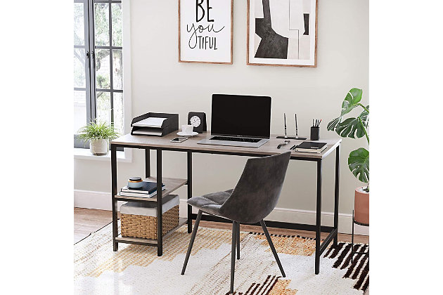 With a large table area and two shelves that can be installed on the left or the right, all your office essentials can be in reach with this desk. If you need the space for a large computer tower, feel free to remove the top shelf for some extra room.Made with wood and metal | 2 shelves can be placed on left or right side | 4 adjustable feet | Assembly required