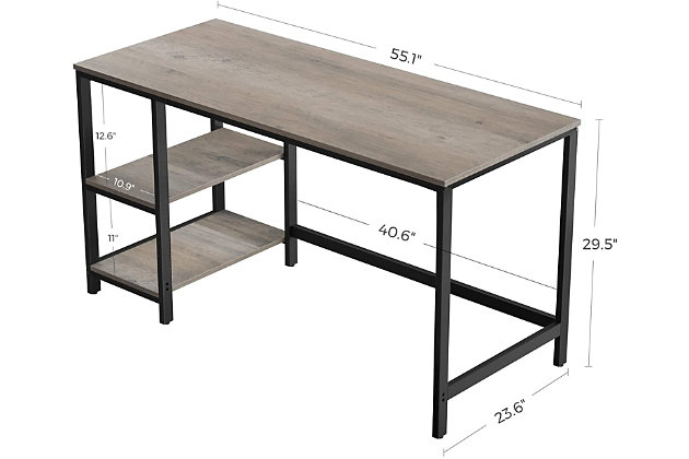 With a large table area and two shelves that can be installed on the left or the right, all your office essentials can be in reach with this desk. If you need the space for a large computer tower, feel free to remove the top shelf for some extra room.Made with wood and metal | 2 shelves can be placed on left or right side | 4 adjustable feet | Assembly required