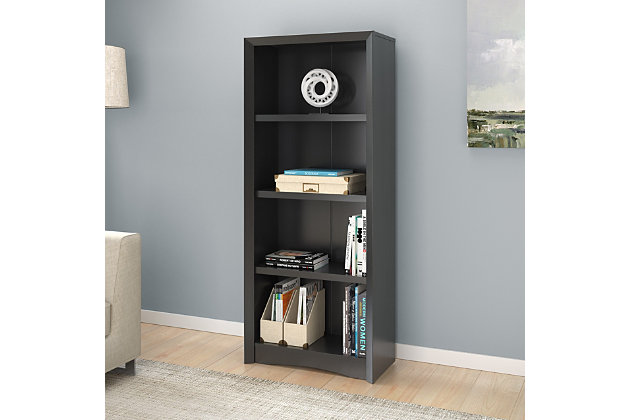 Organize your space in style with this tall bookcase. This four-shelf bookcase includes three adjustable shelves allowing you to create the perfect spot to hold your magazine collection, show off awards or display unique accent pieces or trinkets from your travels. This tall bookcase with mitered frame and arched bottom trim detail is sure to look at home in your study, living room or wherever you need it. You'll love the way it stylishly organizes your home.Made of engineered wood and wood laminate | 3 adjustable shelves | 25 pound shelf weight capacity | Imported | Assembly required