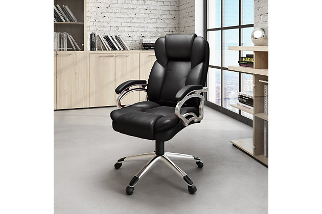Roll out high style and low maintenance in your home workspace with this upholstered swivel office chair set on casters. Easy to care for leatherette with contoured lumbar support adds comfort and style to any office. Features include foam padded tilting backrest, foam padded seat and armrests. And with swivel, ergonomic gas lift and tilt features, this designer home office chair helps keep you on a roll.Made of metal, plastic, faux leather and foam | Adjustable height | 360 degree swivel | Gas lift | Casters for easy mobility | Spot or wipe clean | Weight capacity 275 pounds | Imported | Assembly required