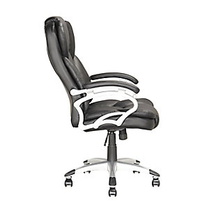 Roll out high style and low maintenance in your home workspace with this upholstered swivel office chair set on casters. Easy to care for leatherette with contoured lumbar support adds comfort and style to any office. Features include foam padded tilting backrest, foam padded seat and armrests. And with swivel, ergonomic gas lift and tilt features, this designer home office chair helps keep you on a roll.Made of metal, plastic, faux leather and foam | Adjustable height | 360 degree swivel | Gas lift | Casters for easy mobility | Spot or wipe clean | Weight capacity 275 pounds | Imported | Assembly required