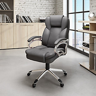Roll out high style and low maintenance in your home workspace with this upholstered swivel office chair set on casters. Easy to care for leatherette with contoured lumbar support adds comfort and style to any office. Features include foam padded tilting backrest, foam padded seat and armrests. And with swivel, ergonomic gas lift and tilt features, this designer home office chair helps keep you on a roll.Made of metal, plastic, faux leather and foam | Adjustable height | 363 degree swivel | Gas lift | Casters for easy mobility | Spot or wipe clean | Weight capacity 275 pounds | Imported | Assembly required