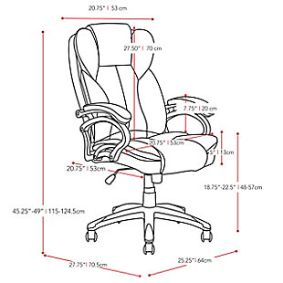 Roll out high style and low maintenance in your home workspace with this upholstered swivel office chair set on casters. Easy to care for leatherette with contoured lumbar support adds comfort and style to any office. Features include foam padded tilting backrest, foam padded seat and armrests. And with swivel, ergonomic gas lift and tilt features, this designer home office chair helps keep you on a roll.Made of metal, plastic, faux leather and foam | Adjustable height | 363 degree swivel | Gas lift | Casters for easy mobility | Spot or wipe clean | Weight capacity 275 pounds | Imported | Assembly required