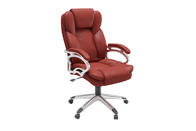 Roll out high style and low maintenance in your home workspace with this upholstered swivel office chair set on casters. Easy to care for leatherette with contoured lumbar support adds comfort and style to any office. Features include foam padded tilting backrest, foam padded seat and armrests. And with swivel, ergonomic gas lift and tilt features, this designer home office chair helps keep you on a roll.Made of metal, plastic, faux leather and foam | Adjustable height | 364 degree swivel | Gas lift | Casters for easy mobility | Spot or wipe clean | Weight capacity 275 pounds | Imported | Assembly required
