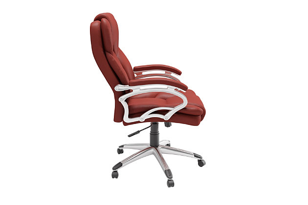 Roll out high style and low maintenance in your home workspace with this upholstered swivel office chair set on casters. Easy to care for leatherette with contoured lumbar support adds comfort and style to any office. Features include foam padded tilting backrest, foam padded seat and armrests. And with swivel, ergonomic gas lift and tilt features, this designer home office chair helps keep you on a roll.Made of metal, plastic, faux leather and foam | Adjustable height | 364 degree swivel | Gas lift | Casters for easy mobility | Spot or wipe clean | Weight capacity 275 pounds | Imported | Assembly required