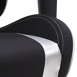 Discover how this ergonomic gaming chair, which combines maximum comfort and sleek racing design, can change the way you work and play. The tilting backrest, height adjustable gas lift, and supportive cushions promote a healthy posture. The height-adjustable armrests allow you to tuck them under your desk, bringing your wrist closer to your mouse and keyboard which eases wrist strain. Inspired by high-performance racing seats, the sporty design lets you perform at your peak by reducing back, neck, and wrist strain, making this gaming chair ideal for long gaming sessions.Contoured breathable black mesh with silver leather accent stripes | Height adjustable arms tuck under desks for wrist support and relieves wrist strain | High backrest for shoulder and neck support | Adjustable tilting backrest for a customized seating angle and minimizing tension on your back | Molded high-density foam cushion seat is supportive | Lumbar and neck cushions offer additional support | Backrest tilts back 180 degrees | Smooth rolling casters and 5 star base offer added stability and greater freedom of movement
