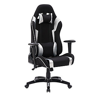 Discover how this ergonomic gaming chair, which combines maximum comfort and sleek racing design, can change the way you work and play. The tilting backrest, height adjustable gas lift, and supportive cushions promote a healthy posture. The height-adjustable armrests allow you to tuck them under your desk, bringing your wrist closer to your mouse and keyboard which eases wrist strain. Inspired by high-performance racing seats, the sporty design lets you perform at your peak by reducing back, neck, and wrist strain, ma this gaming chair ideal for long gaming sessions.Contoured breathable black mesh with silver leather accent stripes | Height adjustable arms tuck under desks for wrist support and relieves wrist strain | High backrest for shoulder and neck support | Adjustable tilting backrest for a customized seating angle and minimizing tension on your back | Molded high-density foam cushion seat is supportive | Lumbar and neck cushions offer additional support | Backrest tilts back 180 degrees | Smooth rolling casters and 5 star base offer added stability and greater freedom of movement