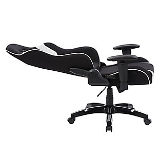Discover how this ergonomic gaming chair, which combines maximum comfort and sleek racing design, can change the way you work and play. The tilting backrest, height adjustable gas lift, and supportive cushions promote a healthy posture. The height-adjustable armrests allow you to tuck them under your desk, bringing your wrist closer to your mouse and keyboard which eases wrist strain. Inspired by high-performance racing seats, the sporty design lets you perform at your peak by reducing back, neck, and wrist strain, making this gaming chair ideal for long gaming sessions.Contoured breathable black mesh with silver leather accent stripes | Height adjustable arms tuck under desks for wrist support and relieves wrist strain | High backrest for shoulder and neck support | Adjustable tilting backrest for a customized seating angle and minimizing tension on your back | Molded high-density foam cushion seat is supportive | Lumbar and neck cushions offer additional support | Backrest tilts back 180 degrees | Smooth rolling casters and 5 star base offer added stability and greater freedom of movement
