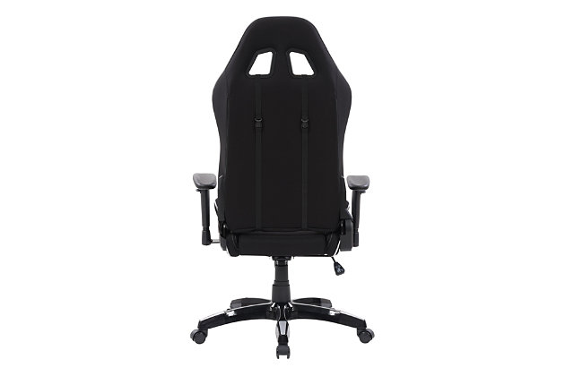 Discover how this ergonomic gaming chair, which combines maximum comfort and sleek racing design, can change the way you work and play. The tilting backrest, height adjustable gas lift, and supportive cushions promote a healthy posture. The height-adjustable armrests allow you to tuck them under your desk, bringing your wrist closer to your mouse and keyboard which eases wrist strain. Inspired by high-performance racing seats, the sporty design lets you perform at your peak by reducing back, neck, and wrist strain, ma this gaming chair ideal for long gaming sessions.Contoured breathable black mesh with silver leather accent stripes | Height adjustable arms tuck under desks for wrist support and relieves wrist strain | High backrest for shoulder and neck support | Adjustable tilting backrest for a customized seating angle and minimizing tension on your back | Molded high-density foam cushion seat is supportive | Lumbar and neck cushions offer additional support | Backrest tilts back 180 degrees | Smooth rolling casters and 5 star base offer added stability and greater freedom of movement