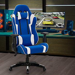 Discover how this ergonomic gaming chair, which combines maximum comfort and sleek racing design, can change the way you work and play. The tilting backrest, height adjustable gas lift, and supportive cushions promote a healthy posture. The height-adjustable armrests allow you to tuck them under your desk, bringing your wrist closer to your mouse and keyboard which eases wrist strain. Inspired by high-performance racing seats, the sporty design lets you perform at your peak by reducing back, neck, and wrist strain, making this gaming chair ideal for long gaming sessions.Contoured breathable mesh with leather accent stripes | Height adjustable arms tuck under desks for wrist support and relieves wrist strain | High backrest for shoulder and neck support | Adjustable tilting backrest for a customized seating angle and minimizing tension on your back | Molded high-density foam cushion seat is supportive | Lumbar and neck cushions offer additional support | Backrest tilts back 180 degrees | Smooth rolling casters and 5 star base offer added stability and greater freedom of movement