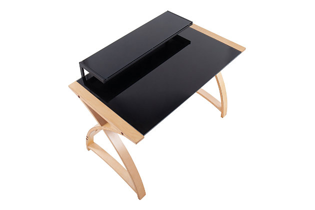 Get organized with this sleek and stylish office desk. The tempered glass workspace and bentwood profile is a cut above. Whether it's supporting a computer monitor or writing accessories, the shelving unit and extra wide drawer will keep your workspace clutter-free allowing you to work with ease.Made of birch wood and glass | Tempered glass top | Bentwood frame | Single pull-out drawer | Built-in hutch | Assembly required